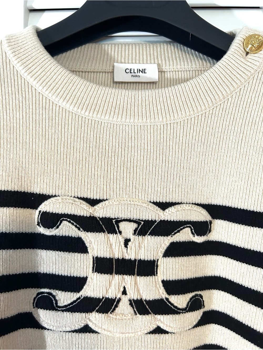 Celine Cream and Black Striped Crewneck Sweater with Gold Buttons NEW WITH TAGS - Picture 4 of 12